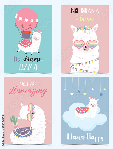 Blue pink hand drawn cute card with llama,balloon,glasses,heart.no drama llama