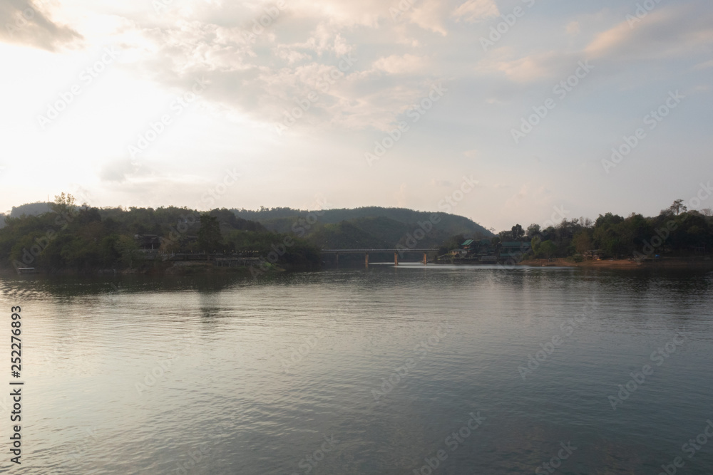 landscape scene Wooden Mon Bridge at kanchanaburi, Thailand