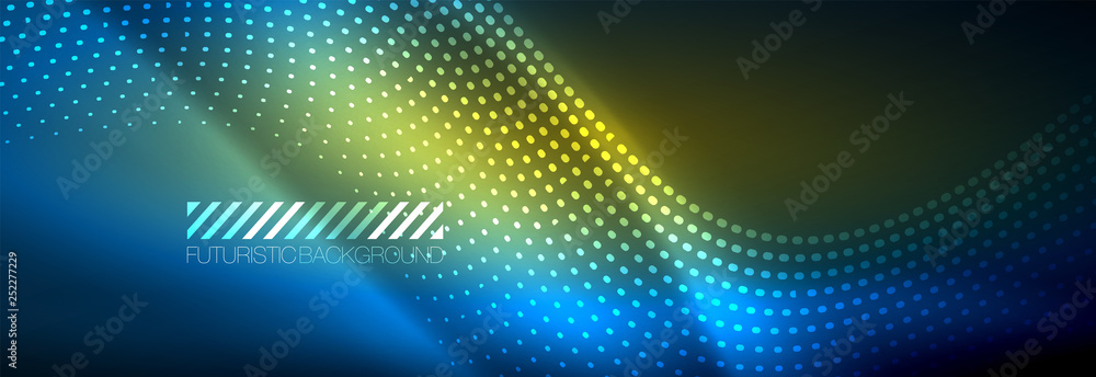 Obraz premium Glowing abstract wave on dark, shiny motion, magic space light. Vector techno abstract background