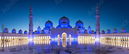 Panorama of Sheikh Zayed Grand Mosque in Abu Dhabi near Dubai at night, United Arab EMirates photo