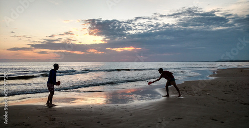 sunset: two brothers playing paddle in the beach