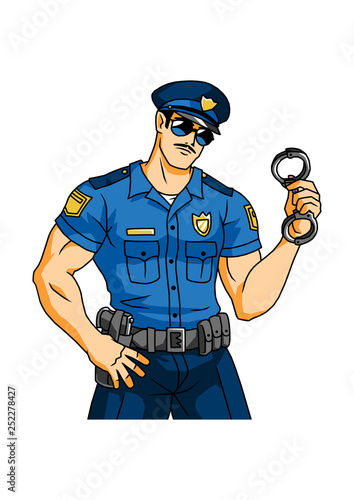 police officer with handcuffs, character, color, cartoon, illustration, art, design
