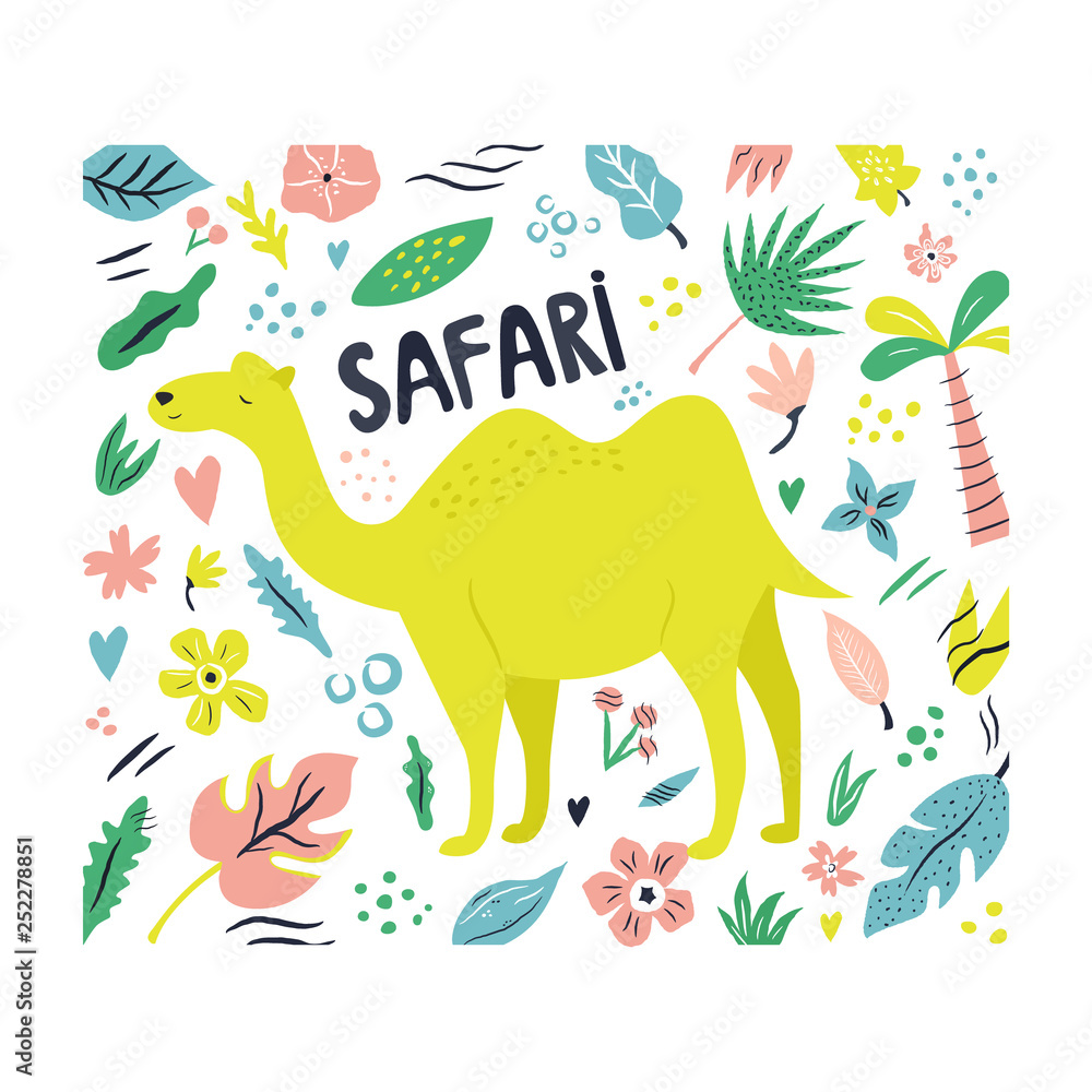 Cute hand drawn camel character with decoration