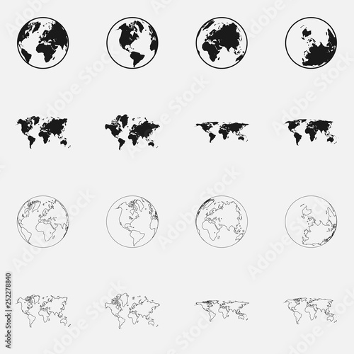 Set of world map and globe black and white vector icon.