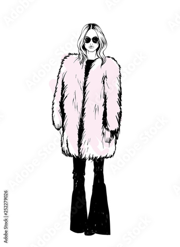 Beautiful, tall and slender girl in a stylish coat. Stylish woman. Fashion & Style. Vector illustration. 