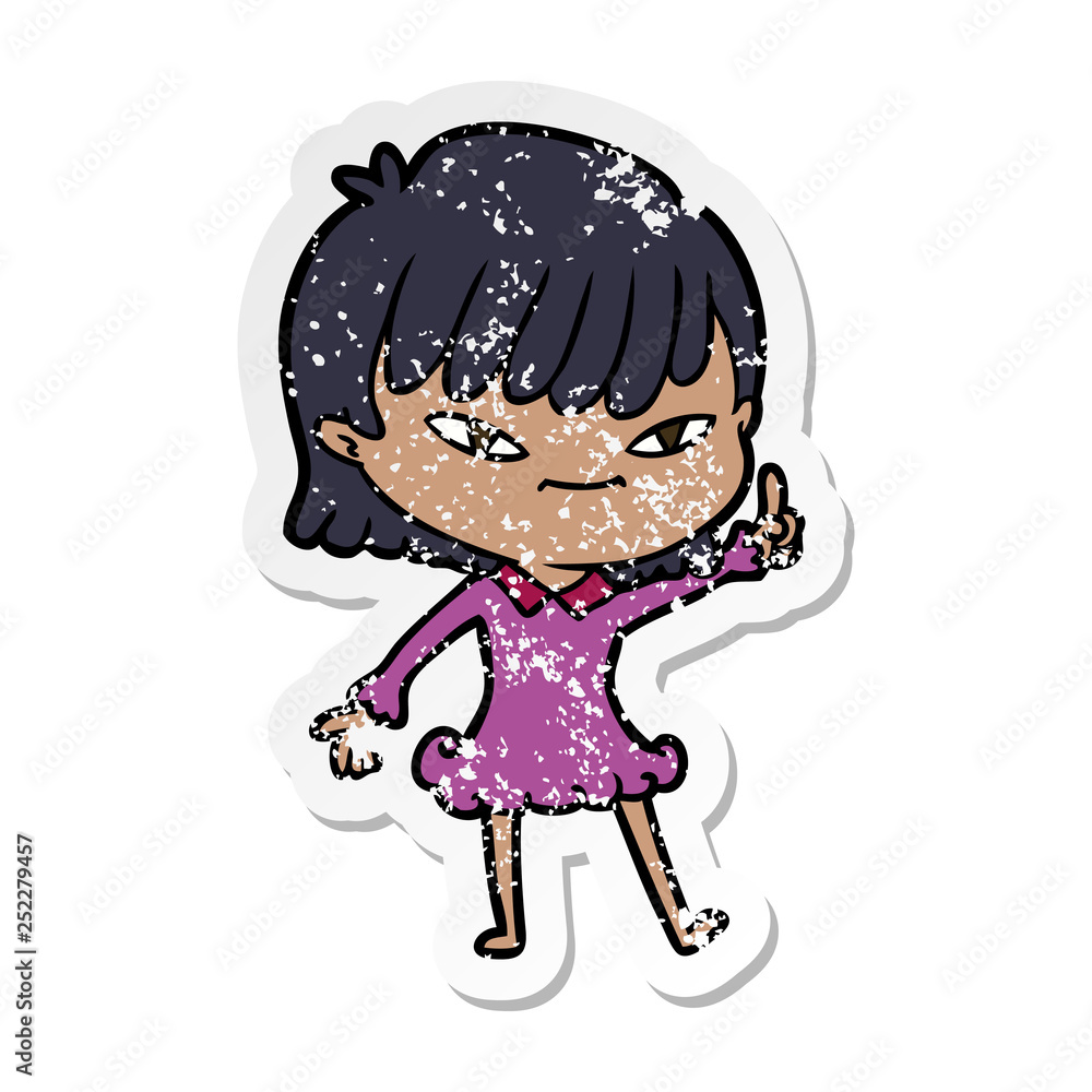 distressed sticker of a cartoon woman with idea distressed sticker of a cartoon woman with idea