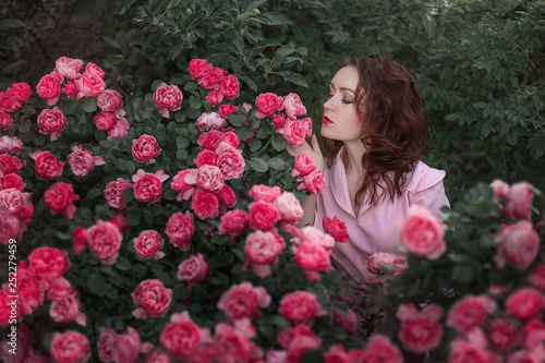 Beautiful young woman in pink vintage dress between pink roses in a garden. Summer portrait pretty young girl.