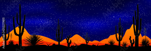 Starry night over the Mexican desert. Desert with cacti on the background of the night starry sky