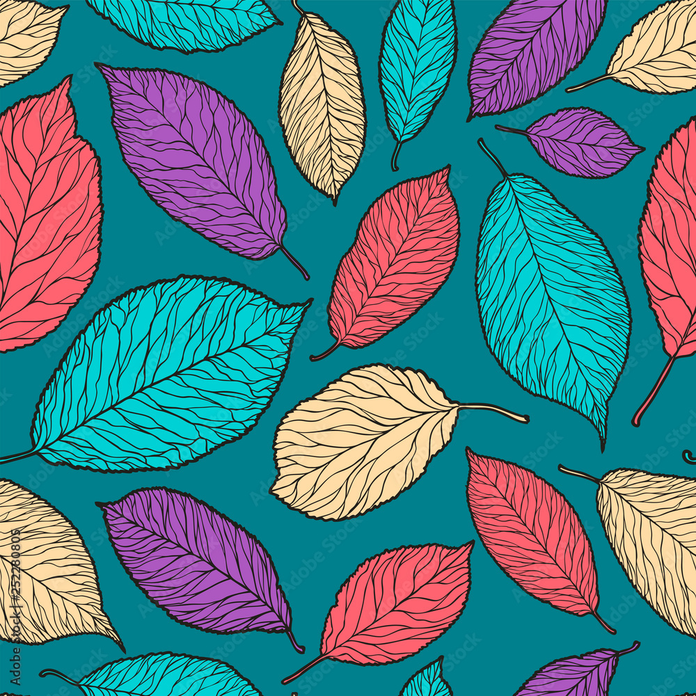 Fototapeta Seamless abstract background. Decorative leaves pattern. Vector illustration