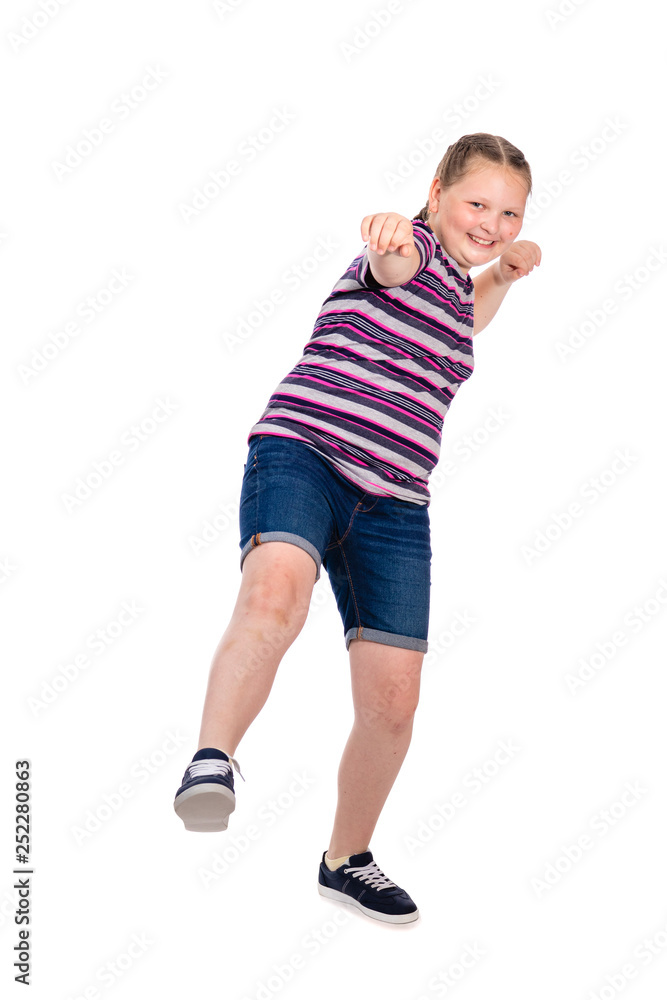 Strong stout smiling girl in an attacking boxing rack. Isolation on a white. Strong stout smiling girl in an attacking boxing rack. Isolation on a white.