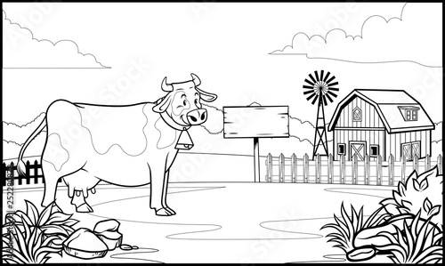 black and white coloring page cow in the ranch