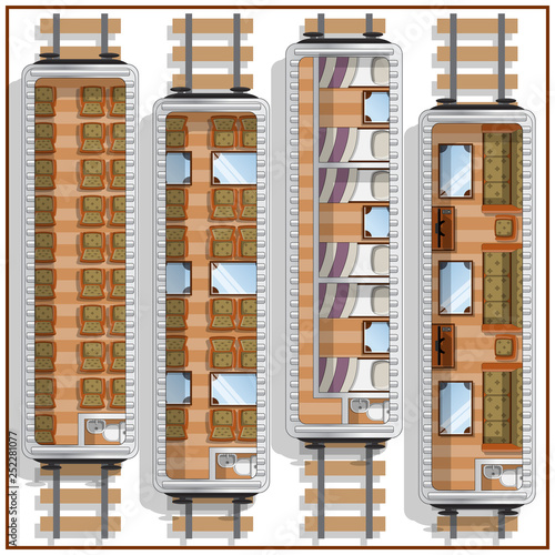 A set of wagon interiors. View from above. Isolated on white background. Vector illustration.