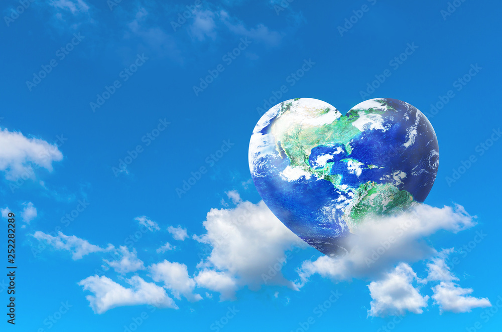 Earth in Heart shape on the white clound with blue sky, Love and Save the World for the Next Generation and Earth day concept, Elements of this image furnished by NASA Earth in Heart shape on the white clound with blue sky, Love and Save the World for the Next Generation and Earth day concept, Elements of this image furnished by NASA