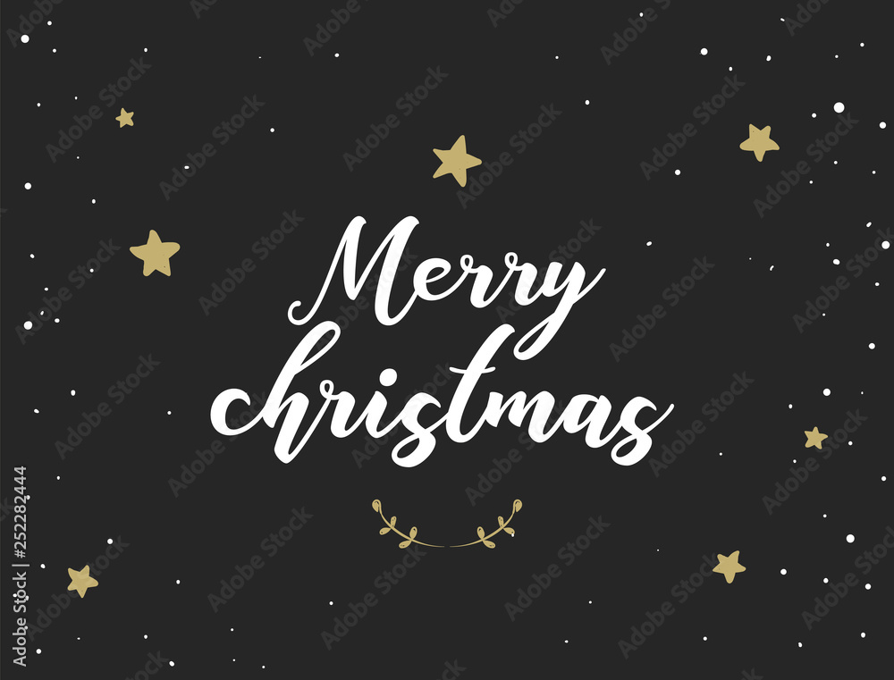 Happy holidays background with christmas text and shine stars. Vector banner with hand drawn letters, Black and gold. Vector illustration. 