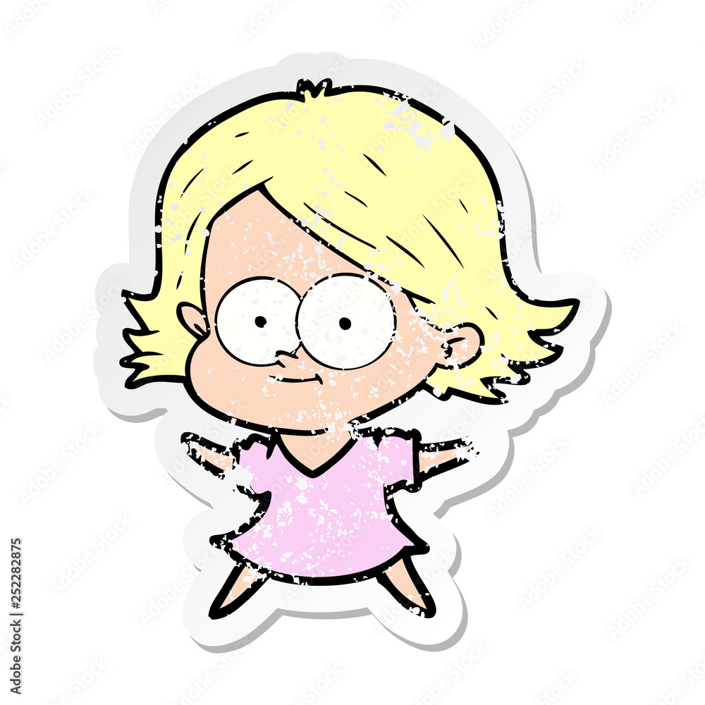 distressed sticker of a happy cartoon girl distressed sticker of a happy cartoon girl
