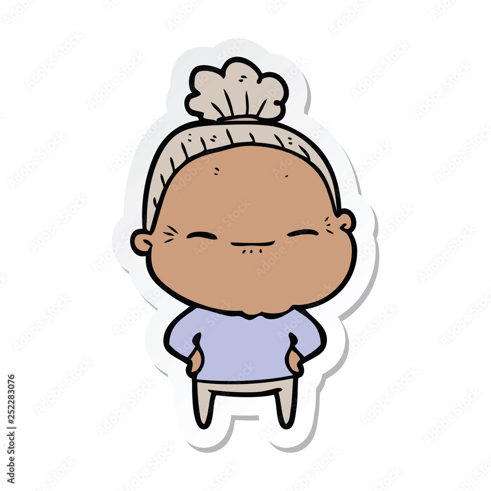 sticker of a cartoon peaceful old woman sticker of a cartoon peaceful old woman