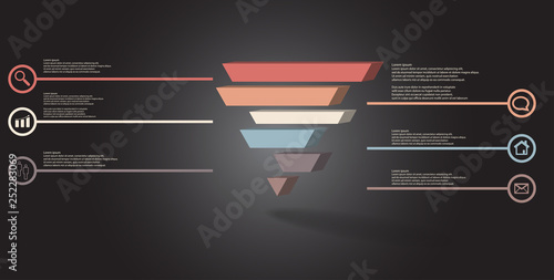 3D illustration infographic template with embossed triangle divided to six shifted parts