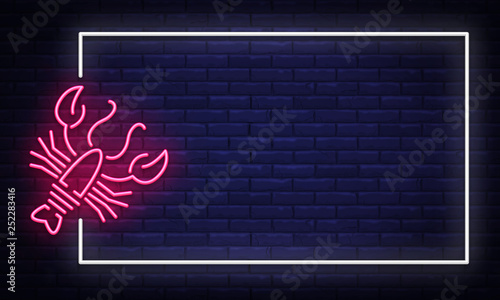 Seafood neon sign vector. Neon Frame Seafood Design template, light banner, night signboard, nightly bright advertising, light inscription. Vector illustration