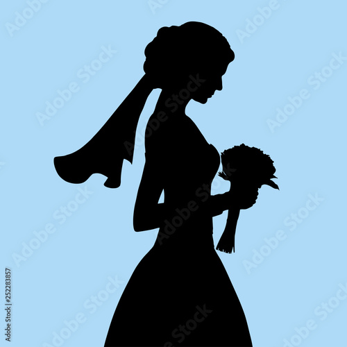 The black silhouette of a bride with a bridal bouquet and veil on blue background. Vector Illustration.