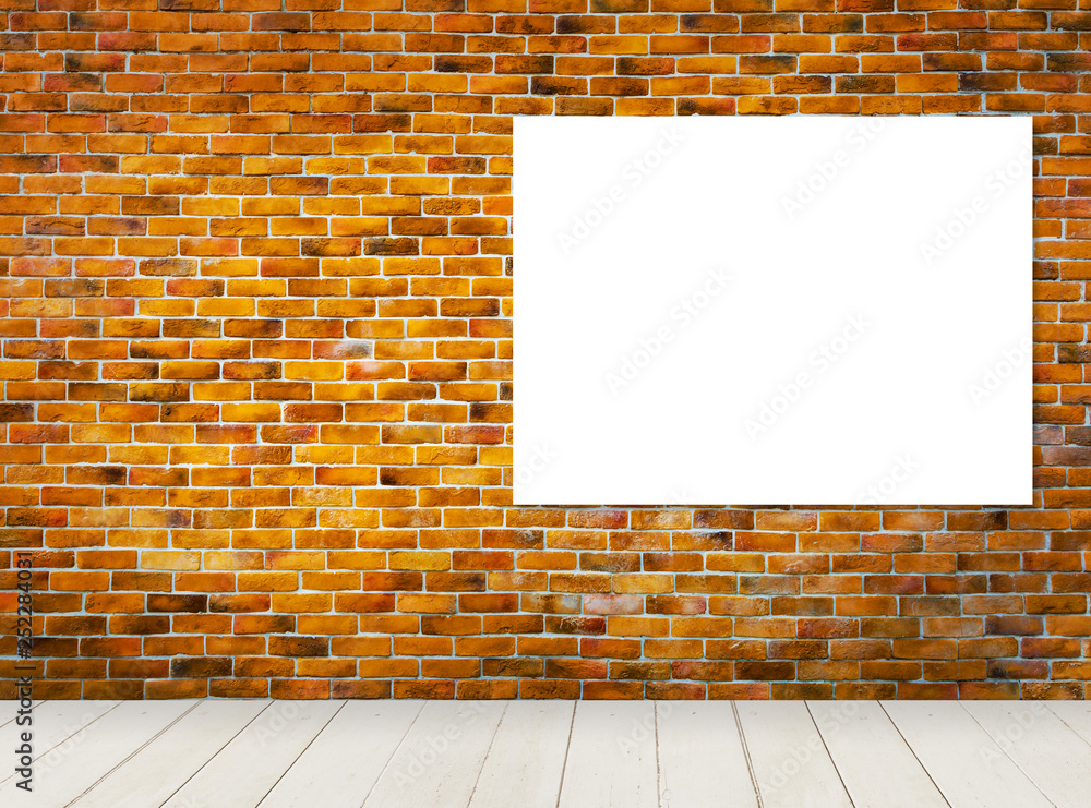 blank frame on vintage style brick wall background with white floor ...