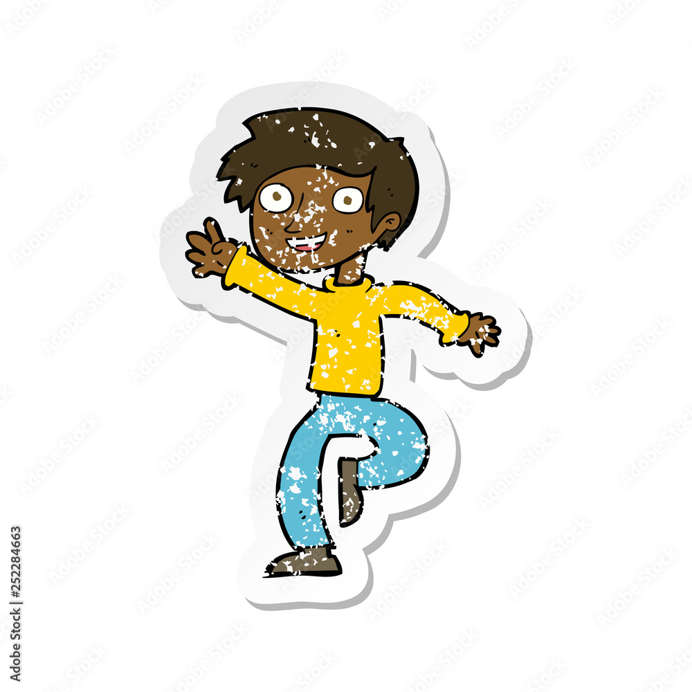 retro distressed sticker of a cartoon excited boy dancing retro distressed sticker of a cartoon excited boy dancing