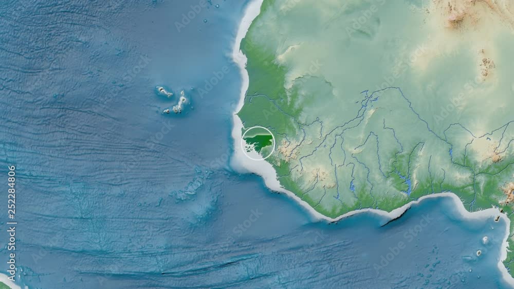 Guinea Bissau area presented against the global physical map in the Patterson Cylindrical projection with animated oblique transformation Guinea Bissau area presented against the global physical map in the Patterson Cylindrical projection with animated oblique transformation