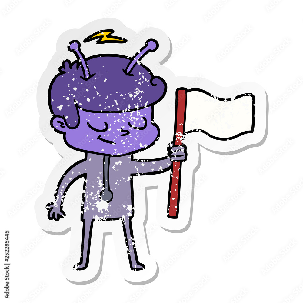distressed sticker of a friendly cartoon spaceman with white flag distressed sticker of a friendly cartoon spaceman with white flag
