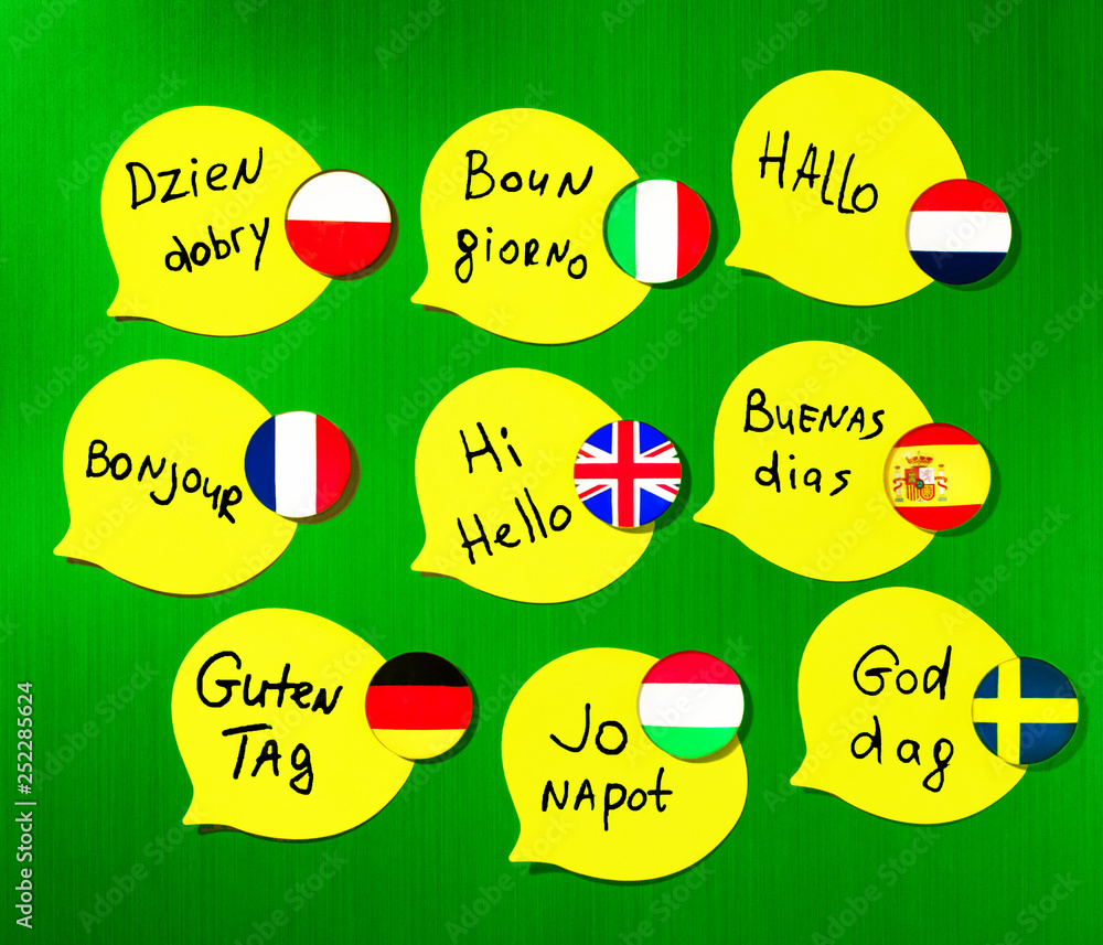 Learning foreign languages courses. Phrase greetings in different