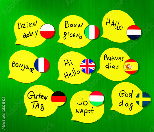 Learning foreign languages ​​courses. Phrase greetings in different languages. Flags of the countries of the studied languages