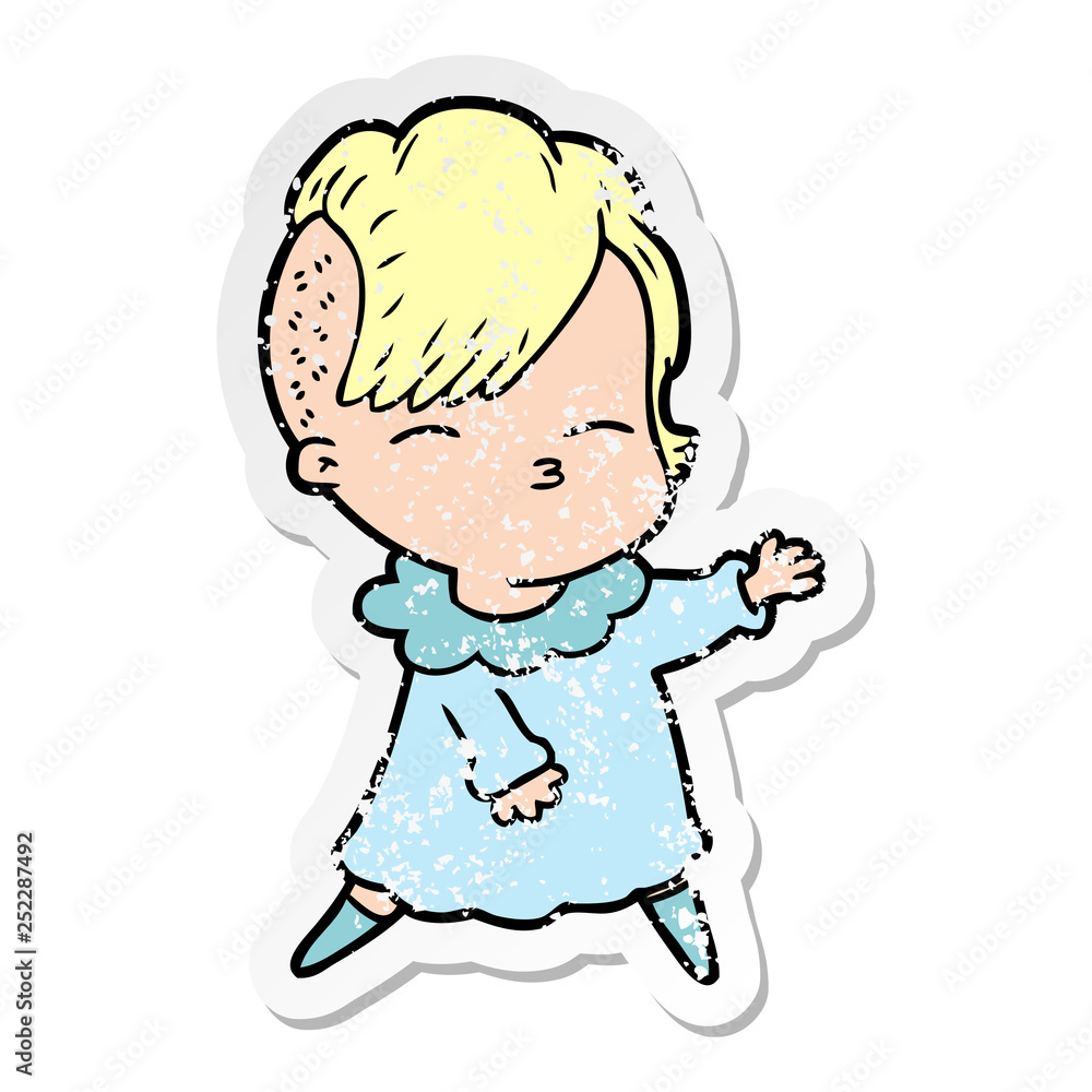 distressed sticker of a cartoon squinting girl distressed sticker of a cartoon squinting girl
