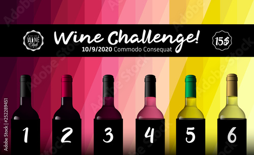 Design idea for party, tasting or wine challenge. Background wine colors in colored mosaic. Illustration of bottles of red, white and rose wine