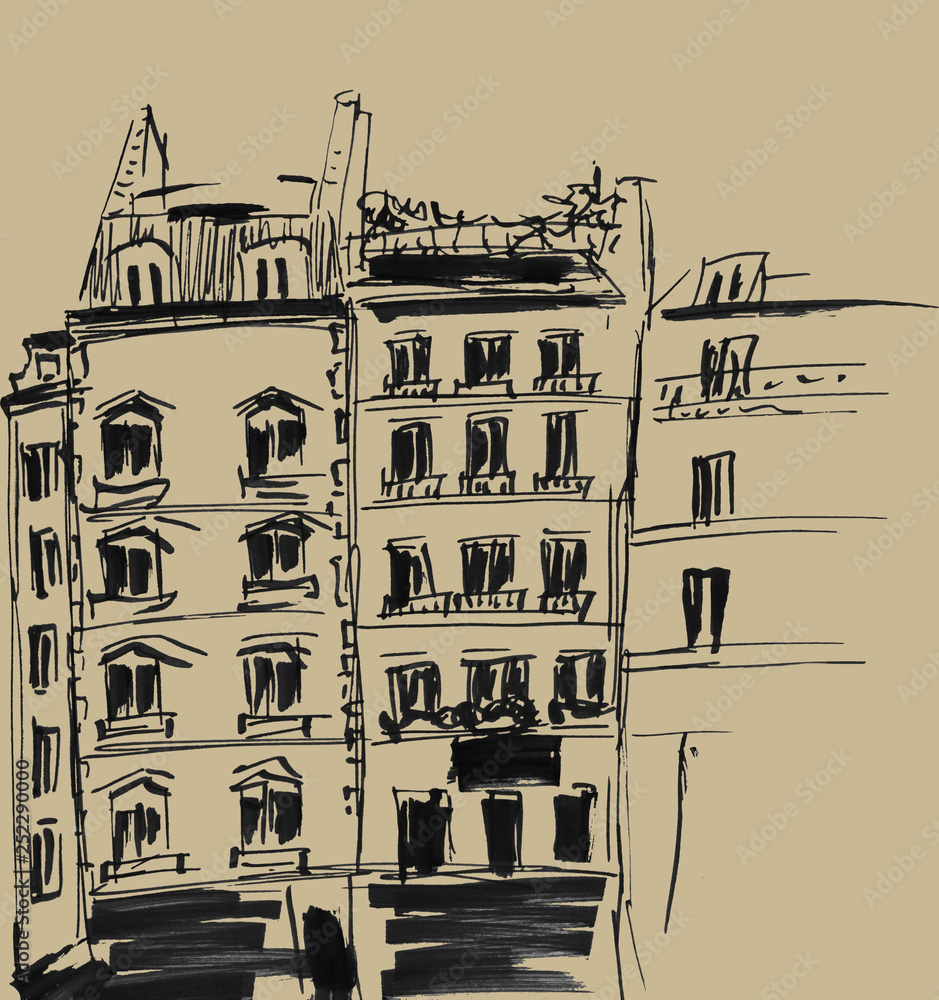 custom made wallpaper toronto digitalInk sketch of buildings. Hand drawn illustration of Houses in the European Old town. Travel artwork. Black line drawing isolated on brown background.