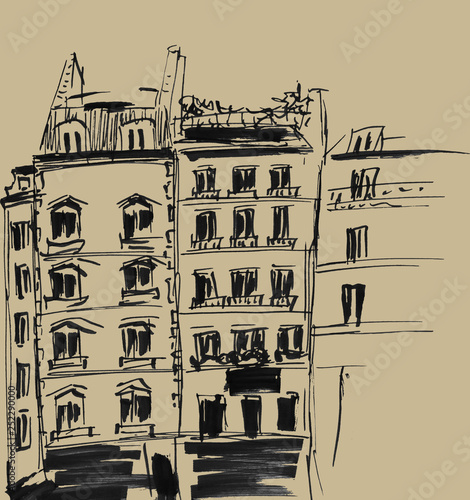 Ink sketch of buildings. Hand drawn illustration of Houses in the European Old town. Travel artwork. Black line drawing isolated on brown background.