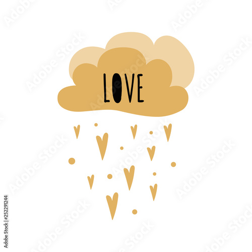Kids poster Text Love Cloud gold shape Hearts Childish typography print room decoration Vector Illustration