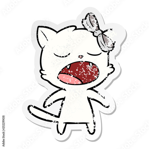 distressed sticker of a cartoon meowing cat