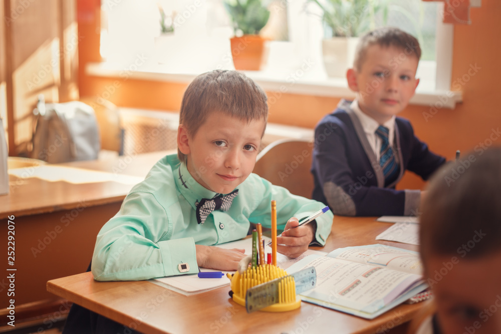 Portrait of a boy in the classroom at the school desk. Portrait of a boy in the classroom at the school desk.