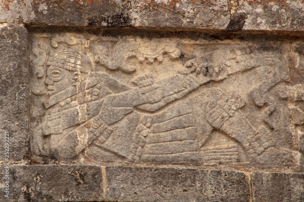Detail of Reclining Ball Players bas-relief carved into the Great Platform of Eagles and Jaguars found on the grounds of  the  Maya Ruins of Chichen Itza