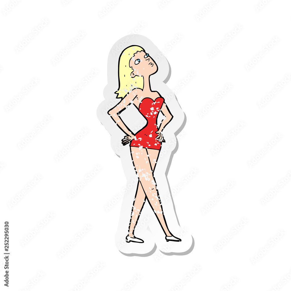 retro distressed sticker of a cartoon woman in party dress retro distressed sticker of a cartoon woman in party dress