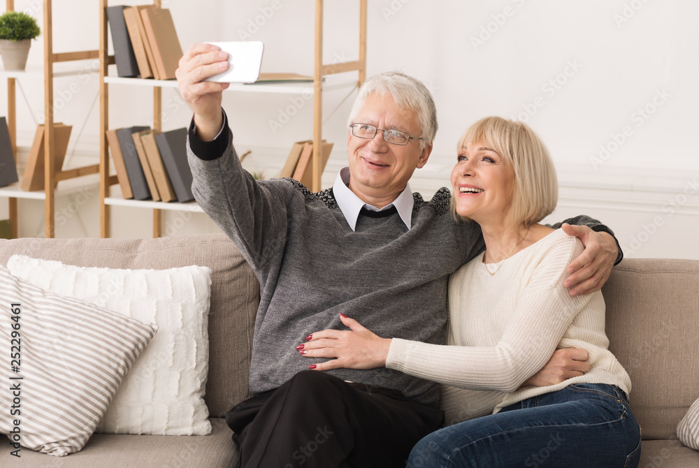 Elderly couple making video call from smartphone