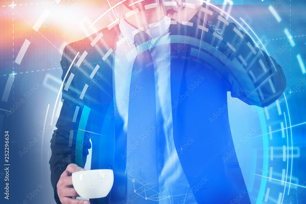 Naklejka premium Man with coffee and phone, HUD interface