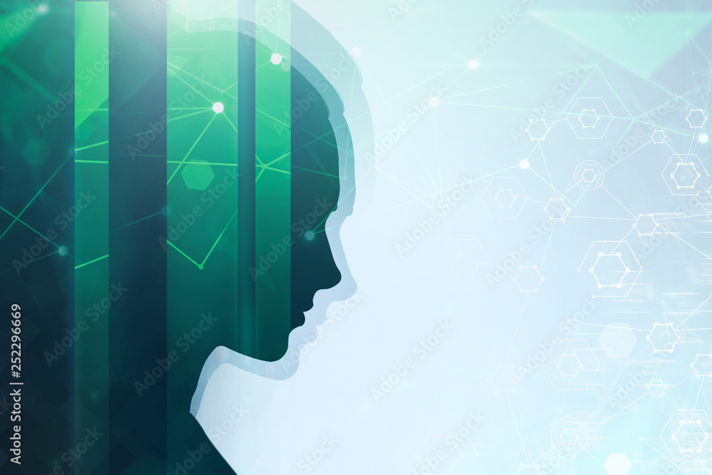 Green woman head silhouette, network