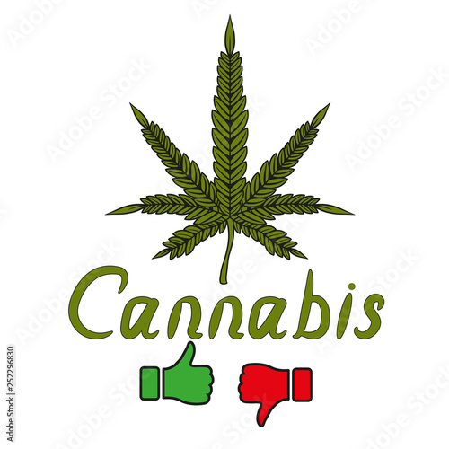 Voting for and against marijuana. Leaf of сannabis like or dislike. For and against the legalization of drugs. Vector illustration.