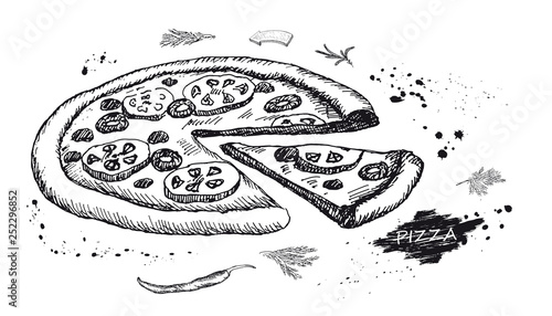 Best hot Pizza. Vintage design with hand drawn sketch.