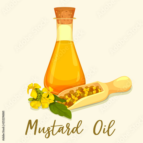 Bottle with mustard oil with seeds in scoop
