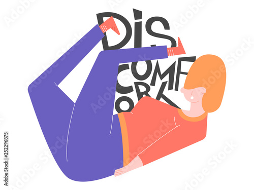 Concept of a stressful situation. A woman experiences discomfort from an uncomfortable pose. Health or personal problems. Vector illustration on white background.