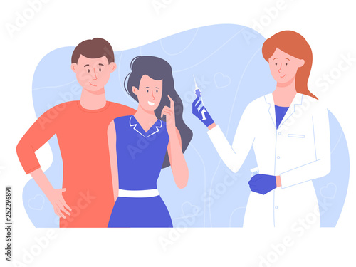 Young couple on reception at the doctor. The solution of problems with fertility, artificial insemination, expectation of a child. Vector illustration on a medical theme.