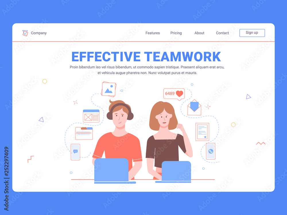 Effective teamwork. Sharing resources. Man and woman with laptops. Marketing department, development or managers. Around activity icons: message, letter, phone, document, folder. Landing page template Effective teamwork. Sharing resources. Man and woman with laptops. Marketing department, development or managers. Around activity icons: message, letter, phone, document, folder. Landing page template