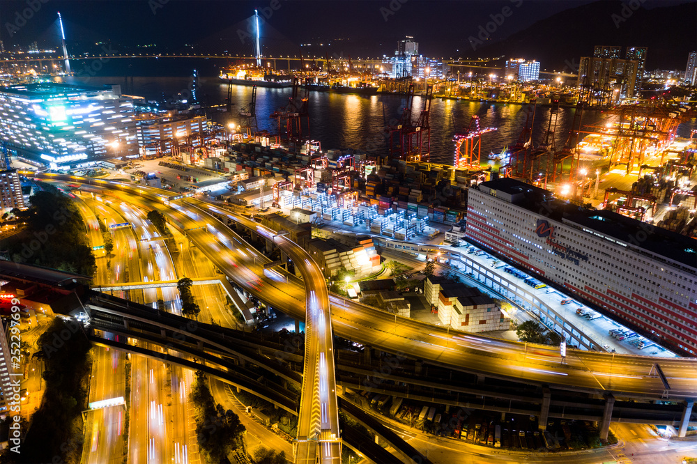 Top down view of Kwai Tsing Container Terminals in Hong Kong at night