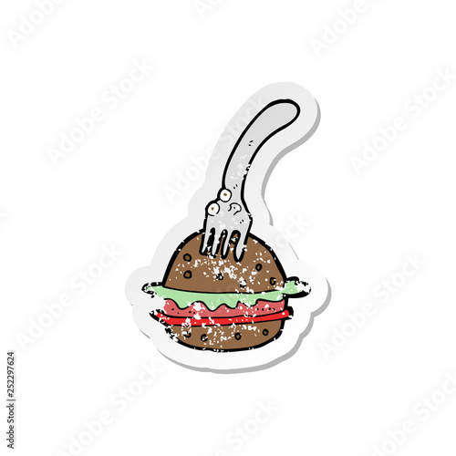 retro distressed sticker of a cartoon fork and burger