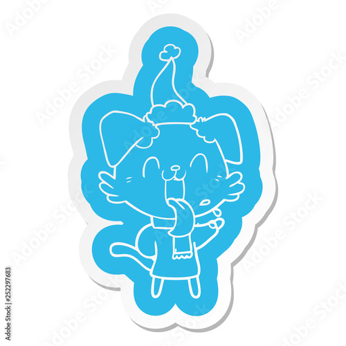 cartoon  sticker of a panting dog wearing santa hat